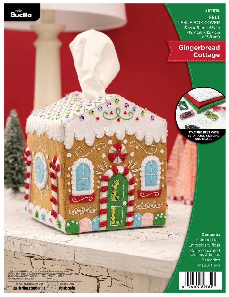 Bucilla Tissue Box Cover Felt Applique Kit 5"X5"X6.25"-Gingerbread Cottage - Image 1 of 1
