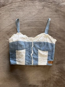 LOUIS FERAUD Vintage Cottage Core Designer Denim Lace Crop Tank Top Sz M EUC - Picture 1 of 6