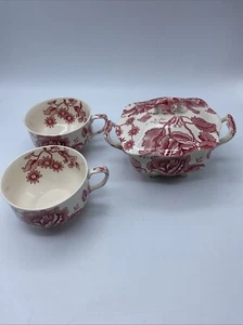 English Chippendale Johnson Bro 2 tazas de té de café azucarero blanco rojo flores - Imagen 1 de 20