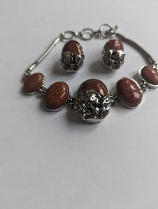 Vintage Goldstone Bracelet/Earrings Set Lion Family One Of A Kind - Picture 1 of 5