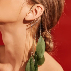 Female Clip Back Feather Retro Long Tassel Large Drop Dangle Earring Gift TO - Picture 1 of 12