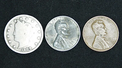 Liberty V níquel, centavo de trigo de acero 1943, centavo de trigo Lincoln - lote de 3 monedas Foto 1 de 2