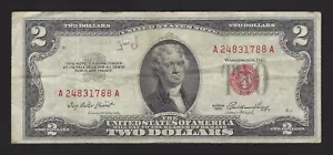 1953 USA $2 Two Dollar Bill Series (A) Red Seal Number A24831788A Circulated - Picture 1 of 2