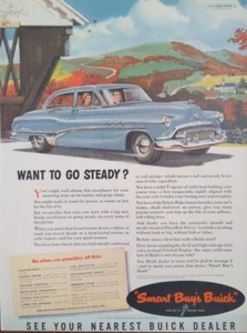 Anuncio impreso de automóvil Buick 1950 vintage, sedán azul de 4 puertas, telón de fondo rural - Imagen 1 de 1