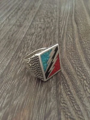 ANILLO VINTAGE AÑOS 80 BRONCE BLANCO ROCK & ROLL RELÁMPAGO INCRUSTACIÓN HOMBRE TALLA 9 Foto 1 de 4