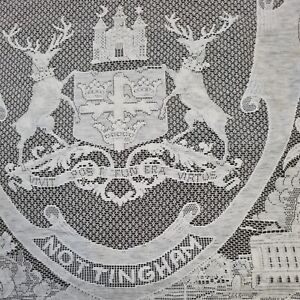 ANTIQUE Nottingham WHITE Lace Panel COAT OF ARMS w 2 STAGS LARGE CENTREPIECE 