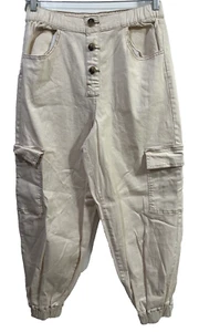 Almost Famous Cargo Jogger Beige Elastic Waist Ankles Black Belt SZ L NWT - Picture 1 of 12