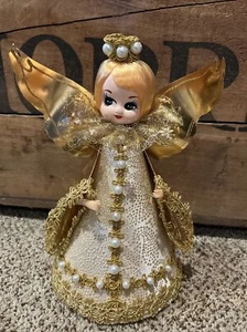 Vintage Mid Century Modern 11 1/2 Zoll Weihnachtsengel Gold Perlen Papier Flügel - Bild 1 von 10