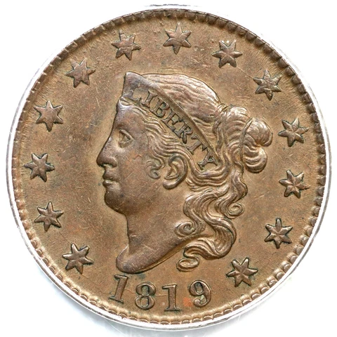 1819/8 N-2 PCGS AU 55 CAC Lg Date Matron or Coronet Head Large Cent Coin 1c Cover