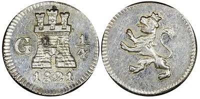 GUATEMALA Ferdinand VII Silver 1821 G 1/4 Real Castle / Lion UNC KM# 72 (25 178) - Image 1 of 3