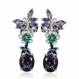 Retro 925 Silver Dangle Drop Earrings Ear Hook Amethyst Women Fashion Jewelry - Picture 1 of 5