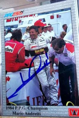 F1 FORMULA 1 WORLD CHAMPION MARIO ANDRETTI signed vintage PPG INDY trading card - Image 1 of 4