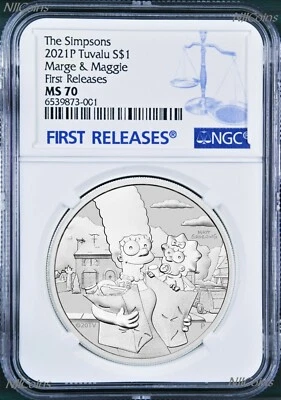 2021 Simpsons Family Marge & Maggie $1 1oz .9999 Silver COIN NGC MS70 FR - Image 1 of 2