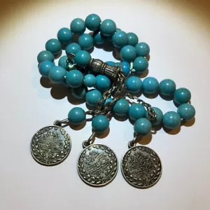 33 pieces Islamic rosary stone made blue turquoise gemstones with 3 coins prayer - Picture 1 of 5