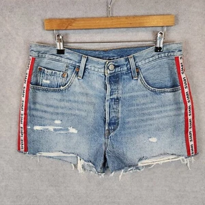 LEVIS 501 Denim Shorts Womens Size Large Red Striped Side Button Fly Distressed - Picture 1 of 12