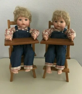 SET OF TWINS Girl Doll Overall Denim Bibs Wood High Chair w/Tray & Music Box - Picture 1 of 11