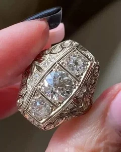 Art Deco Style 3.28Ct Lab Created Diamond 3-Stone Wedding 14K White Gold FN Ring - Picture 1 of 4