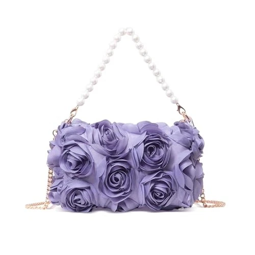 Cartera con embrague para mujer, bolso de mano de noche floral 3D de gasa, púrpura con cuentas perladas Foto 1 de 4