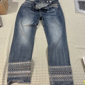 Miss Me Jeans Distressed Medium Wash Embroidered Frayed Skinny Ankle Size 32 - Picture 1 of 9