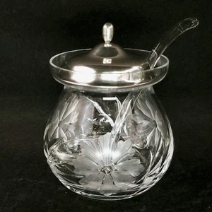 Azúcarero de vidrio de cristal cortado de colección con tapa de plata de ley y cuchara de vidrio - Imagen 1 de 10