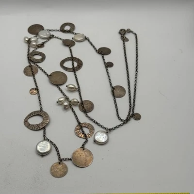 Vintage 36" Silpada Sterling Silver Coin Disc And Pearl of a Girl Necklace N2197 - Image 1 of 4