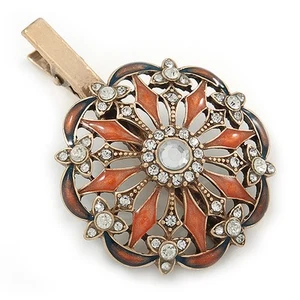 Vintage Inspired Clear Crystal Orange Enamel Flower Hair Beak Clip/ Concord - Picture 1 of 6