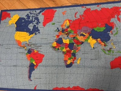 Panel de algodón mapa del mundo 35" x 59" tela tradiciones 1998 edredón artesanal escuela en casa Foto 1 de 4