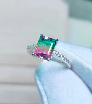 Арбуз турмалин кольцо, 14K белое золото покрытием кольцо двойной цвет драгоценный камень - Изображение 1 из 4