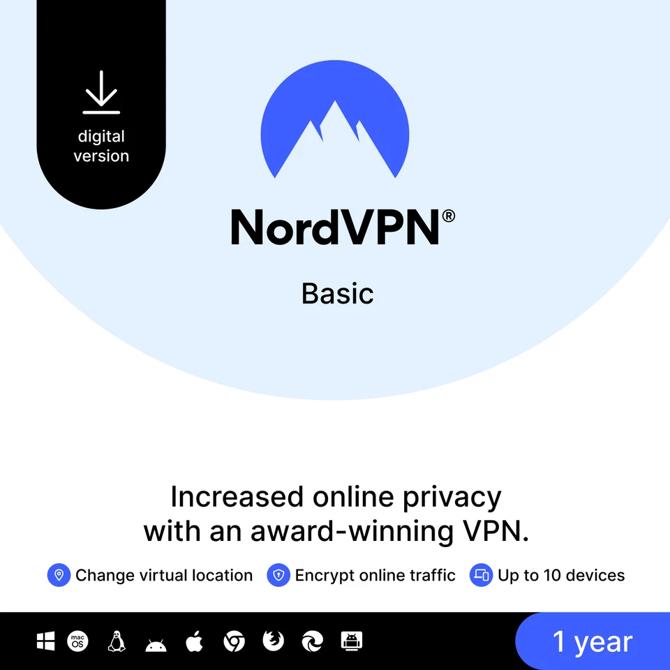 NordVPN Basic, 10 Devices, 1-Year, Premium VPN Software, Digital Code - image 1 of 4