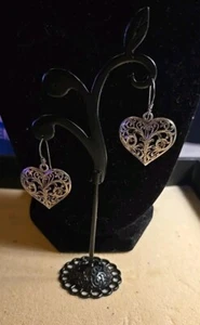 Sterling Silver Earrings Hook Dangle Open Work Filigree 1" Heart Scroll Vintage - Picture 1 of 3