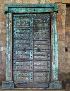 ANTIQUE Blue Distressed DOOR Teak Solid Wooden Haveli Doors INDIAN Doorway 19c