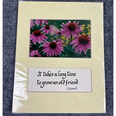 VTG 80s Art Print Blue Moon Designs Matted Flowers Friendship Quote Handcrafted - Image 1 of 4