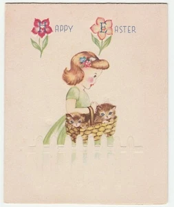 Vintage Easter Card Girl Basket of Kittens Flowers 1950's - Picture 1 of 3