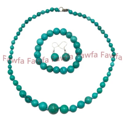 Natural 6-14mm Green Turquoise Round Gems Beaded Necklace Bracelet Earrings Set - Image 1 of 4