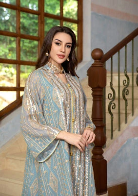 Ethnic Mesh Embroidery Abaya Dress Dubai Party Robe Gown Muslim Women Clothing - Image 1 of 4
