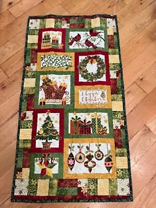 Handmade Quilted sampler Table Runner Christmas Theme Green Red Gold - Picture 1 of 12