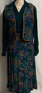 Ali Miles Skirt Blouse Vest Outfit 10 M Reversible Green Blue Oriental Motif Vtg - Picture 1 of 11