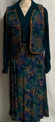 Ali Miles Skirt Blouse Vest Outfit 10 M Reversible Green Blue Oriental Motif Vtg - Image 1 of 4