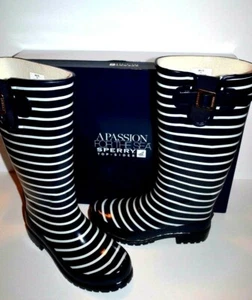 SPERRY TOP SIDER PELICAN III NAVY/WHITE RUBBER RAIN/SNOW TALL BOOTS lined WOMENS - Picture 1 of 10