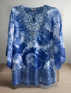 JM Collection Woman Blue White Embellished Neck Tunic Top Blouse M - Picture 1 of 5