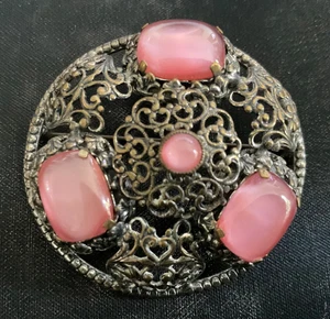 Spilla filigrana argento vetro pietra di luna rosa ceca vintage - Foto 1 di 9