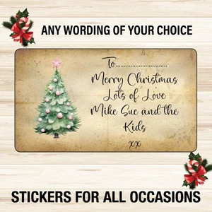 48 Personalised  Vintage Christmas Gift Tag  Kraft Effect Sticker Label 1119e - Picture 1 of 4