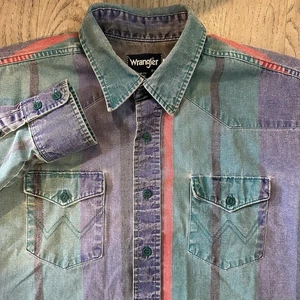 Vintage Wrangler gestreift wachsartige Baumwolle Brushpopper Western Rodeo Hemd XL 17x 36 - Bild 1 von 8