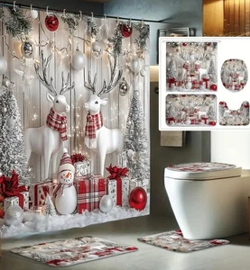 4tlg Merry Christmas Home Duschvorhang Set Bad Matte WC Deckel Abdeckung - Bild 1 von 4
