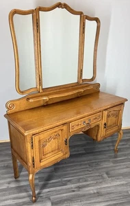 Dressing Table with Mirror Vintage French Louis Oak Vanity Table Makeup LOT 3989 - Picture 1 of 18