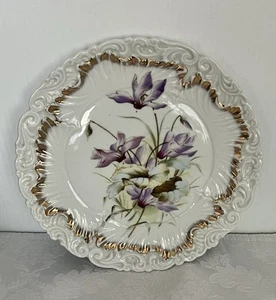 Antique Dresden Porcelain 9-1/4” Plate • Purple Cyclamen w Gold Trim • Germany - Picture 1 of 5