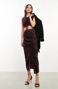 AllSaints Carla ruched satin midi skirt - burgundy NWT, Size 4 - Picture 1 of 8