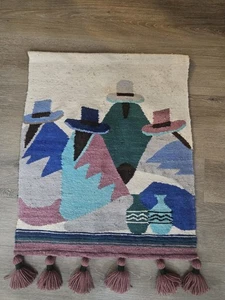 Arazzo da parete vintage spagnolo in lana intrecciata a mano 30"H x 23"W multicolore - Foto 1 di 6