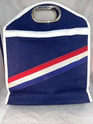 Cartera de mano vintage roja blanca azul a rayas plateada con asa y patas Foto 1 de 4