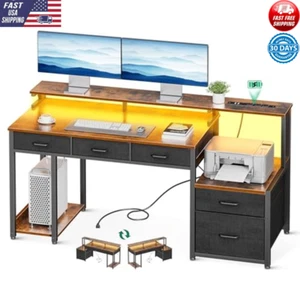 55" Computer Desk W/ 3 Drawers LED Lighting Charging Station Storage Indoor New - Picture 1 of 5